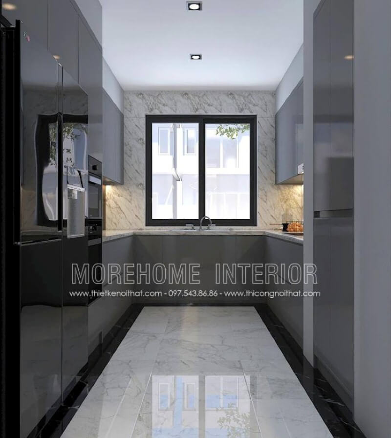 Thiết kế phòng bếp với tủ bếp hình chữ U màu xám là một ý tưởng sử dụng tối đa diện tích và có thể lưu trữ những vật dụng phát sinh cần thiết trong sinh hoạt gia đình phù hợp với mọi không gian hiện đại từ chung cư, nhà phố, biệt thự. tủ bếp chung cư