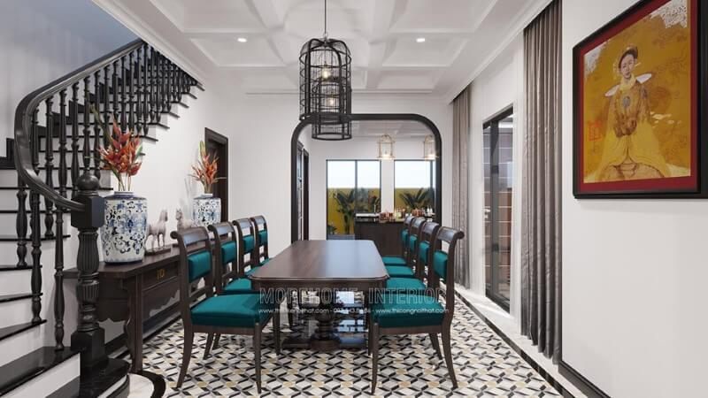 Thiết kế phòng ăn gần kề cầu thang gỗ