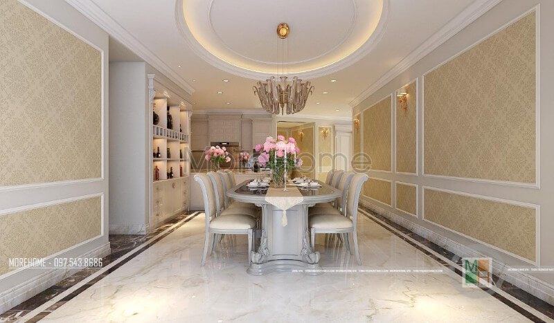 Lựa chọn lối thiết kế tân cổ điển tinh tế, tỉ mỉ, bàn ăn 8 chỗ với những đường cong chạm trổ khéo léo để lại cho bất kì ai nhìn vào một không gian dùng bữa ấm áp mà đẳng cấp hơn cả