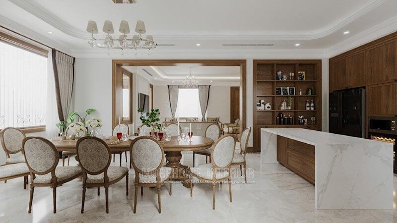 Mẫu bàn ăn gỗ tự nhiên với gam màu nâu vàng tỉ mỉ từng đường nét kết hợp với chất liệu nỉ trên chiếc ghế an đậm chất quý tộc