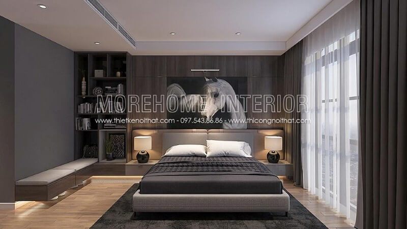 Giường ngủ gỗ công nghiệp bọc vải màu xám lông chuôt nhẹ nhàng, tạo cảm giác thư thái cho người sử dụng