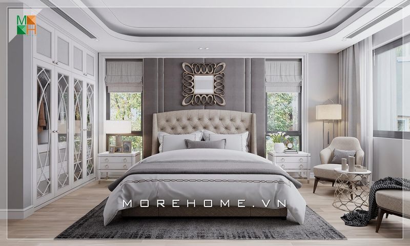 Bàn 1 ghế sofa phòng ngủ màu kem rất đẹp và hiện rõ nét tân cổ điển phù hợp với thiết kế không gian phòng ngủ tân cổ điển.