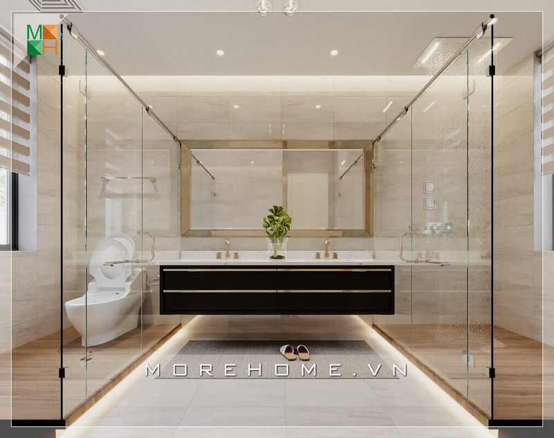 Phòng tắm được trang bị bằng đá nhân tạo màu vàng giúp tạo nên sự sang trọng và cao cấp khi ốp lên tường.