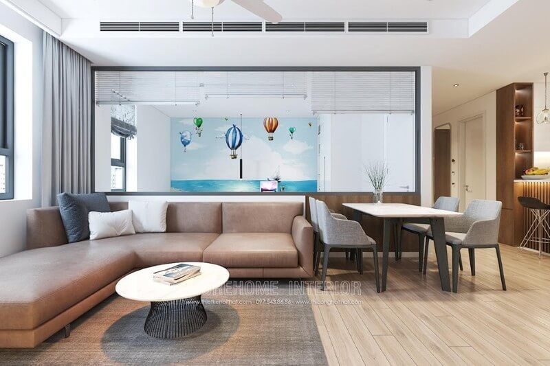 Mẫu thiết kế phòng khách của chung cư hiện đại được trang bị đồ nội thất đơn giản nhưng vẫn có đầy đủ tiện nghi.