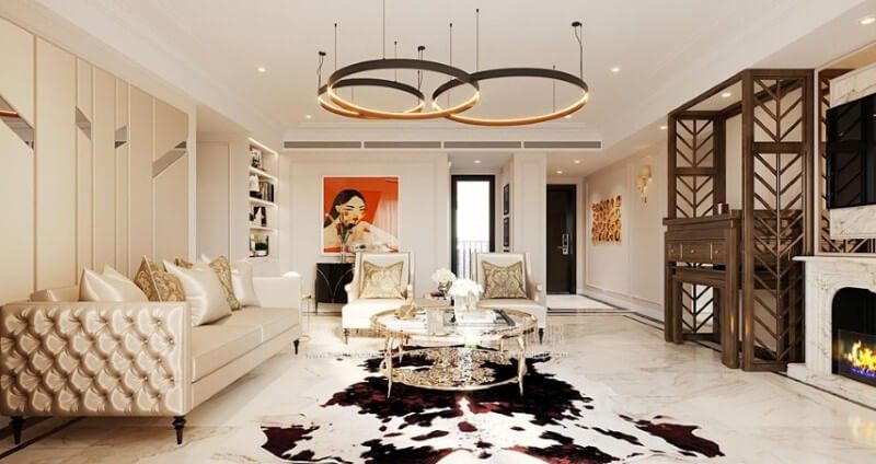 Nội thất trong phòng khách của căn hộ tân cổ điển là sự kết hợp giữa những phong cách cổ điển và hiện đại.