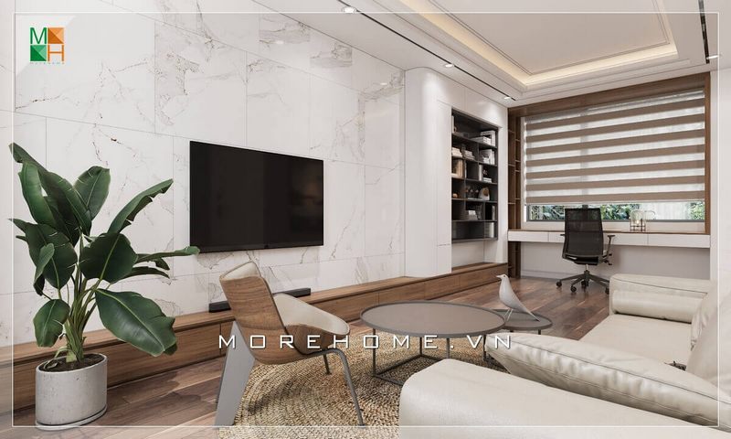 Không gian phòng khách được trang trí bằng đá ốp tường màu trắng vân mây, tạo nên cảm giác sang trọng và hiện đại.
